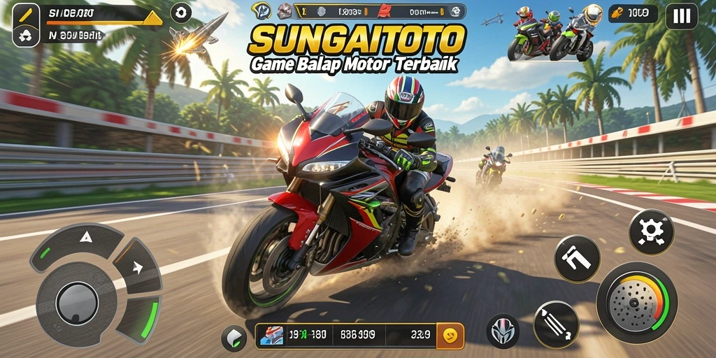 Screenshot gameplay SUNGAITOTO yang menampilkan aksi balap motor yang mendebarkan.