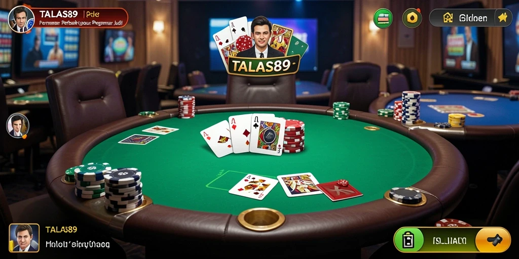 Tampilan gameplay menarik di aplikasi TALAS89 dengan suasana poker yang menegangkan.